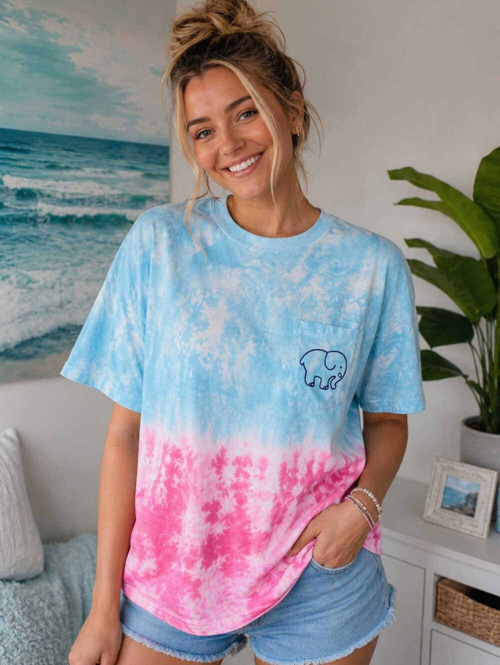 Ivory Ella Tie Dye Pocket Tee Blue Pink Elephant Logo Graphic T-Shirt Size Large